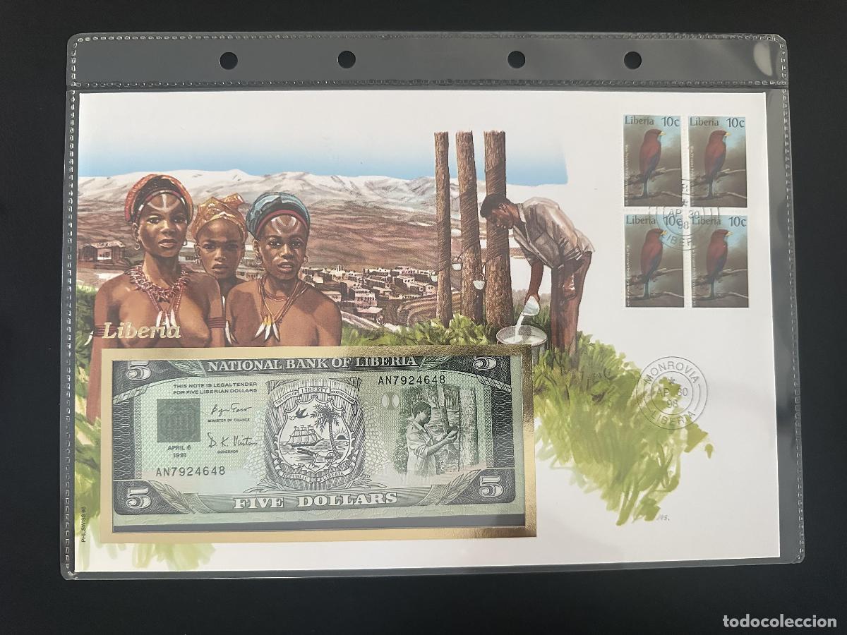 Sellos: Liberia sobre numism&aacute;tico billete 5 d&oacute;lares sellos aves 10c