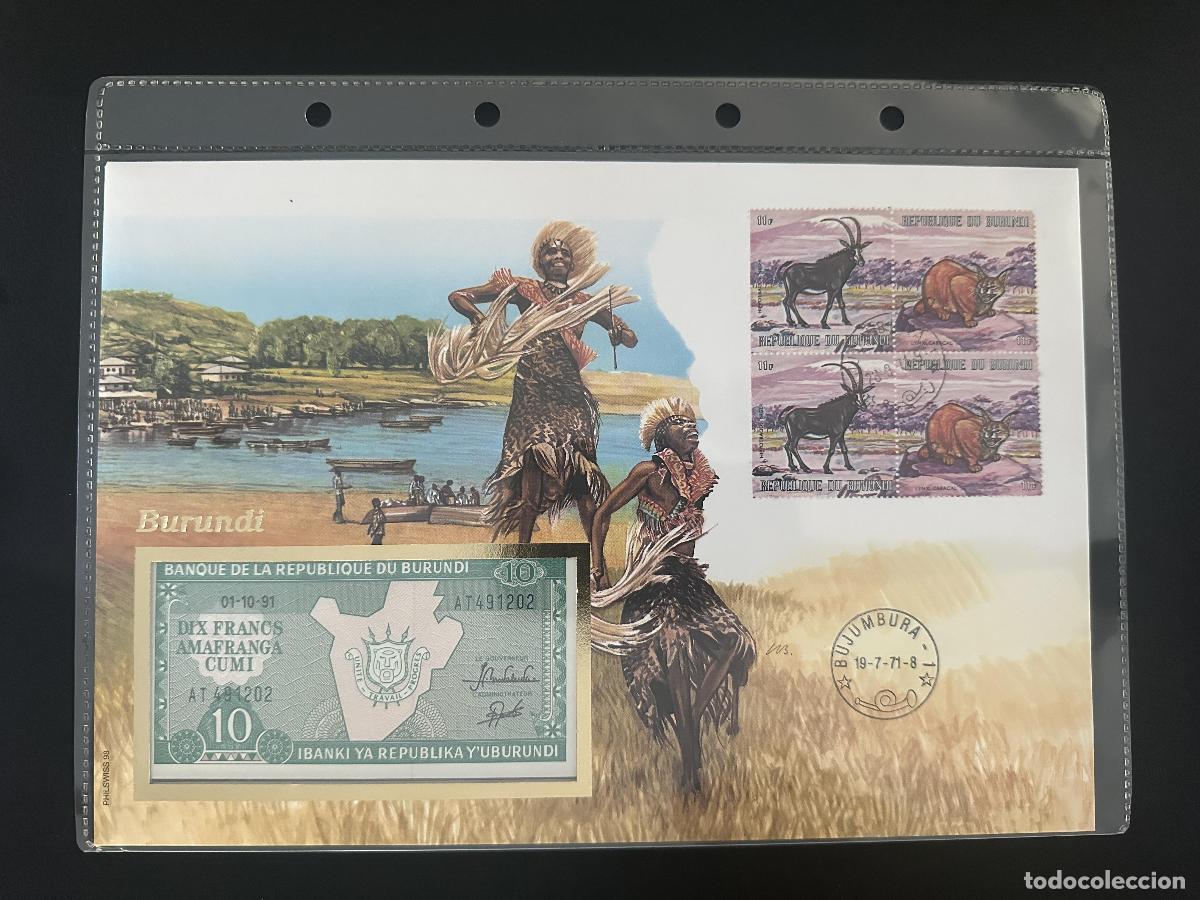 Sellos: Burundi sobre numism&aacute;tico sellos fauna billete 10 francos 1991