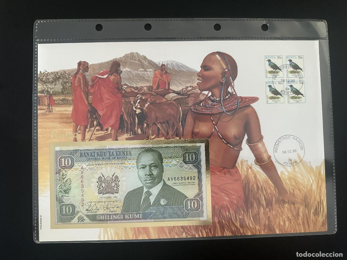 Sellos: Kenia 1996 sobre numism&aacute;tico Philswiss billete 10 Chelines Masai