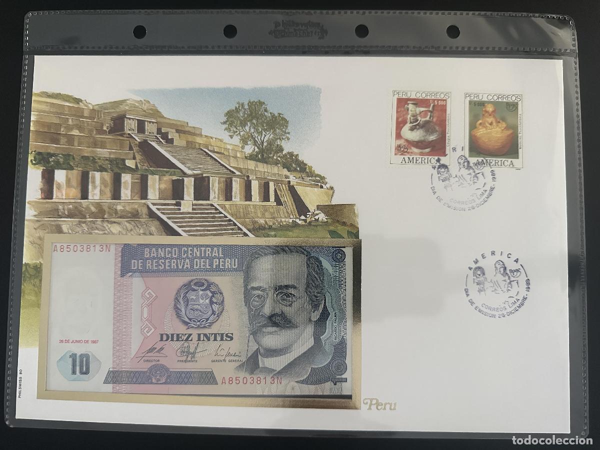Sellos: Per&uacute; 1989 FDC Am&eacute;rica UPAEP cer&aacute;mica precolombina billete 10 Intis
