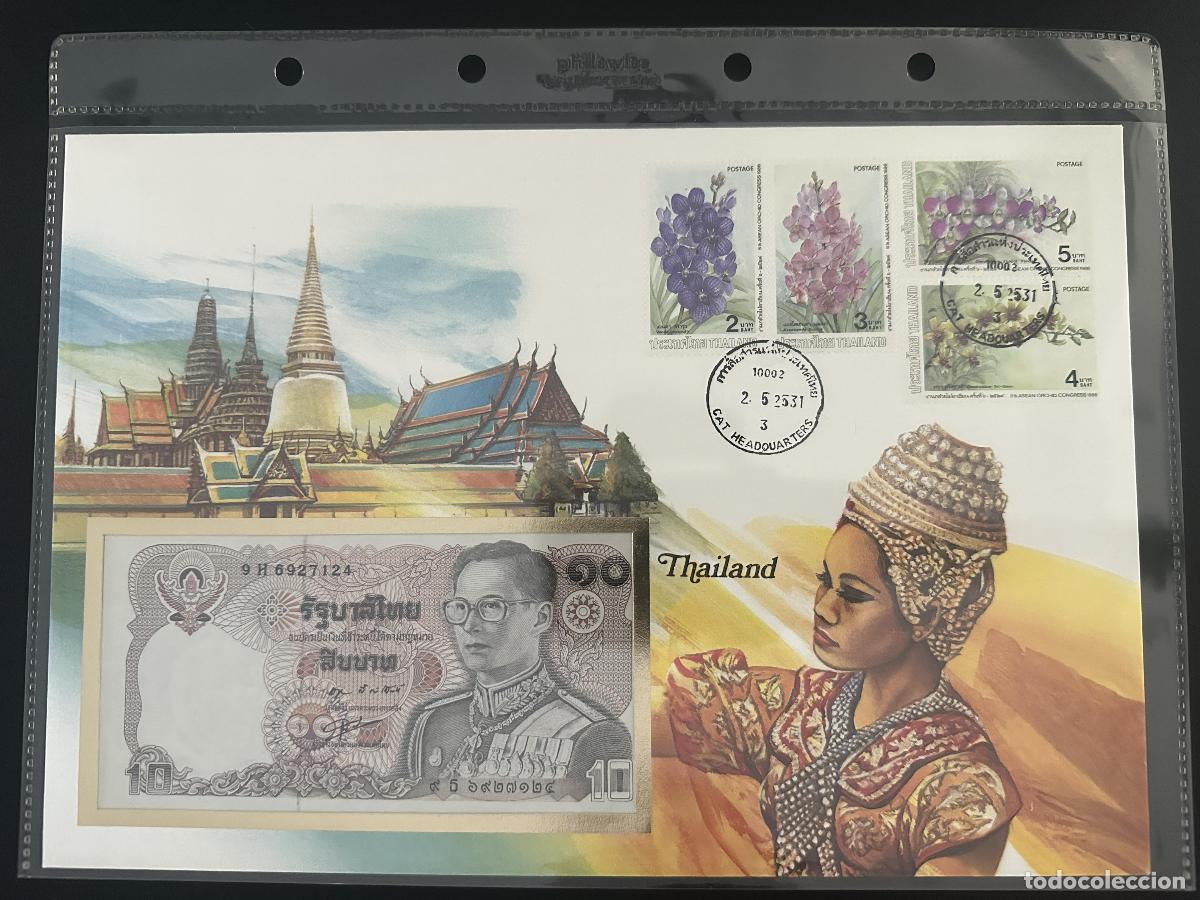 Sellos: Tailandia sobre numism&aacute;tico billete 10 Baht sellos orqu&iacute;deas 1988