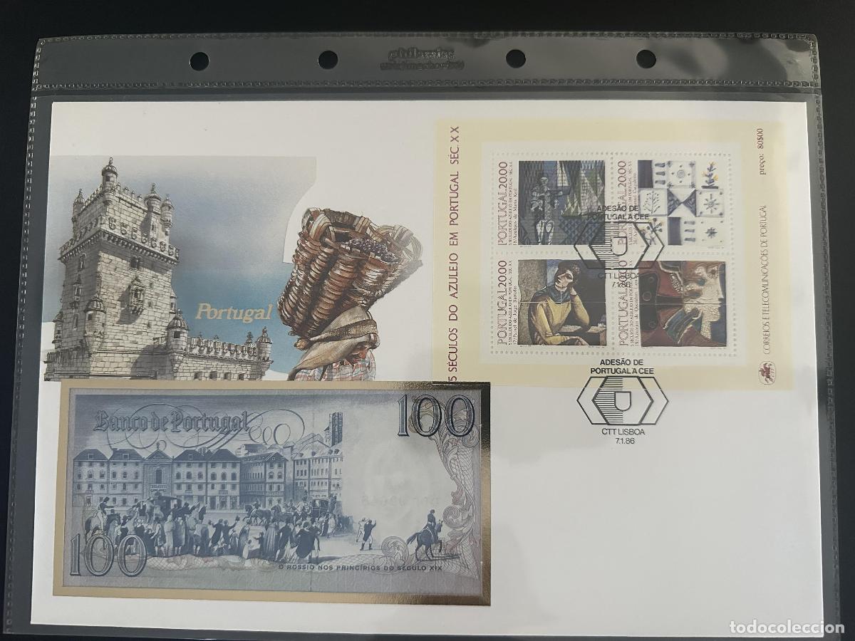 Sellos: Portugal 1986 bloque adhesi&oacute;n CEE azulejo billete 100 escudos filatelia