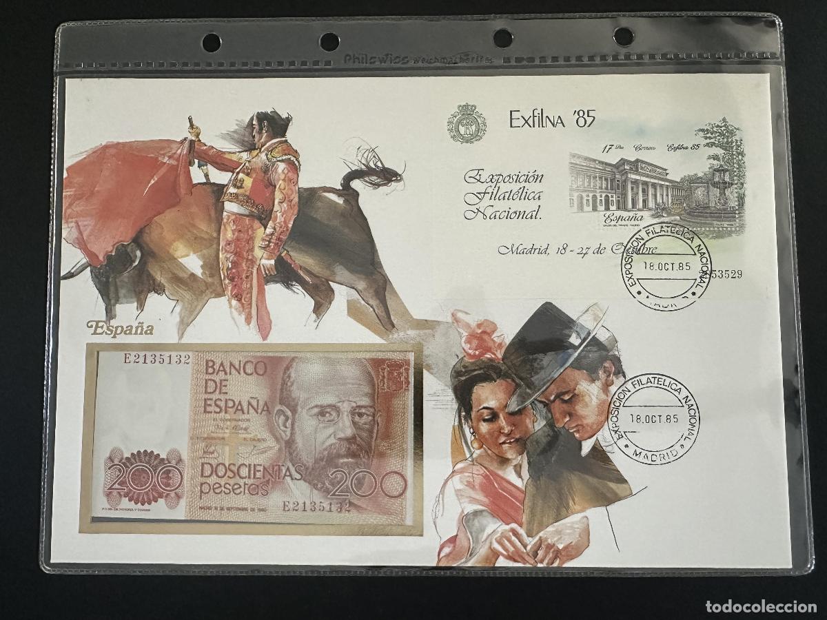 Sellos: Espa&ntilde;a Exfilna 85 Madrid sobre filat&eacute;lico billete 200 pesetas