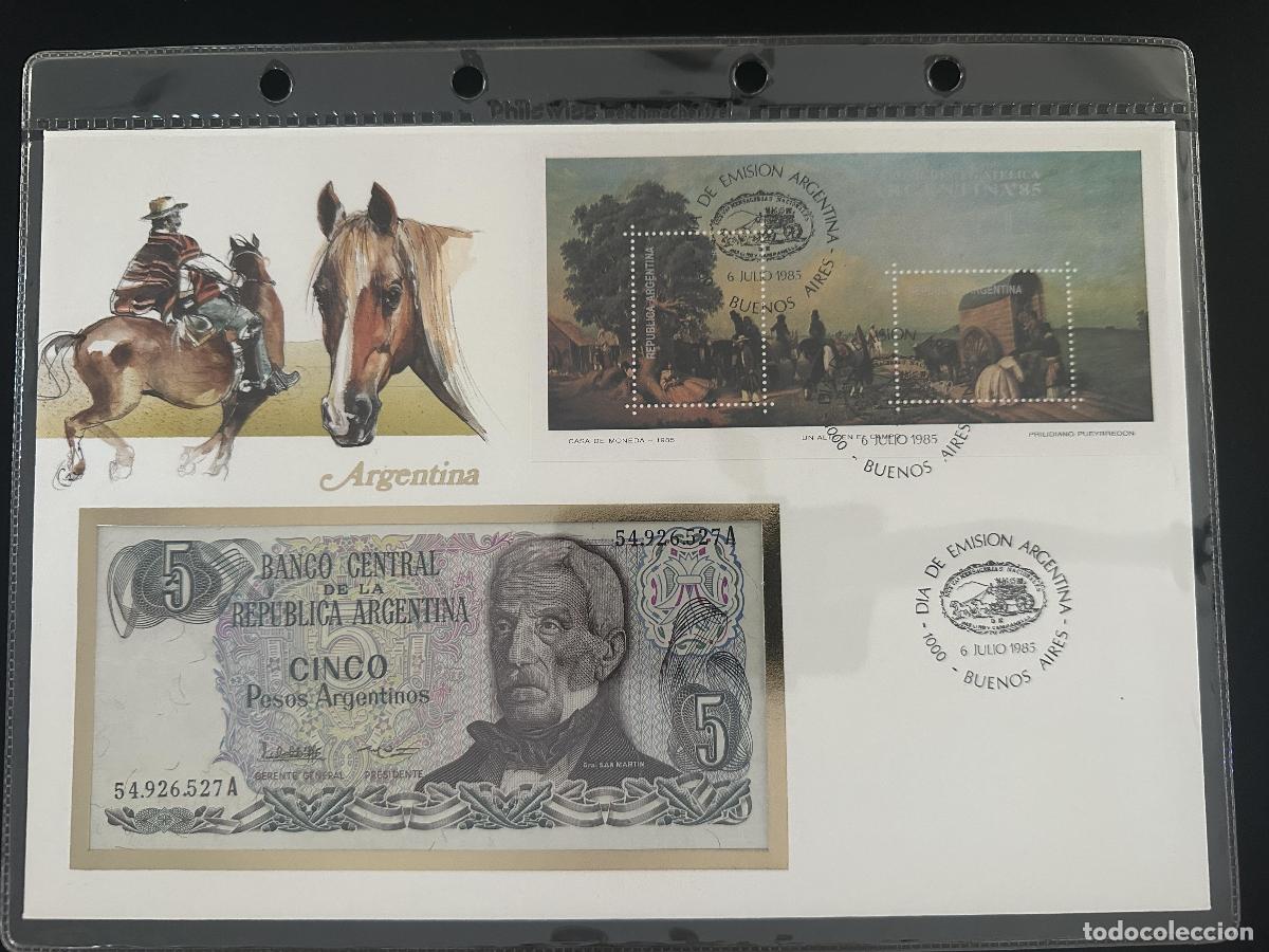 Sellos: Argentina 1985 sobre numism&aacute;tico billete 5 Pesos bloque 85