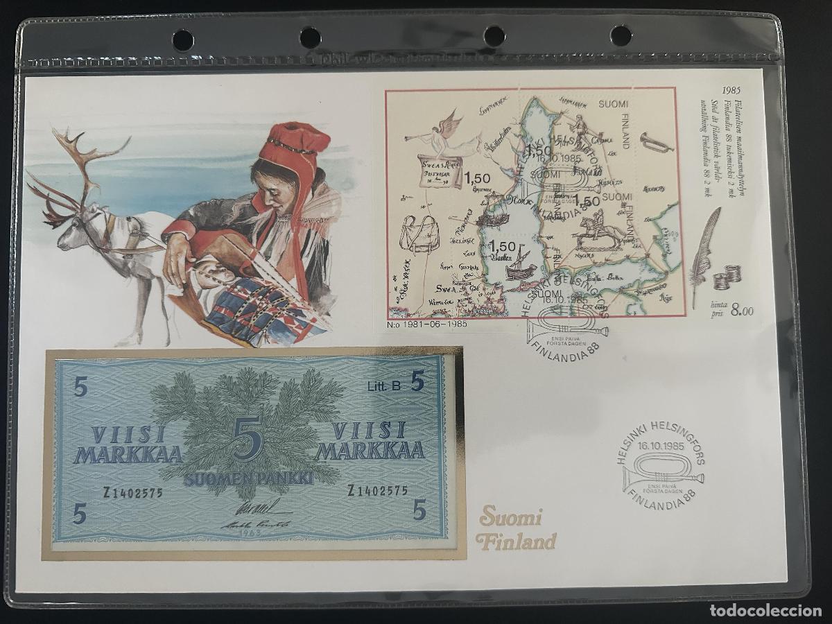 Sellos: Finlandia 1985 FDC 88 bloque mapa antiguo billete 5 Markkaa
