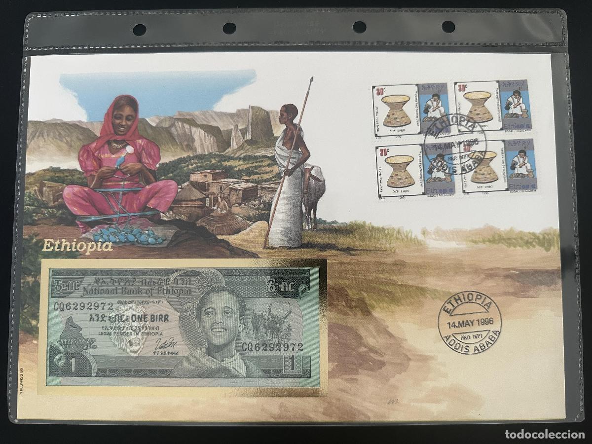 Sellos: Etiop&iacute;a sobre numism&aacute;tico 1996 billete 1 Birr sellos cester&iacute;a
