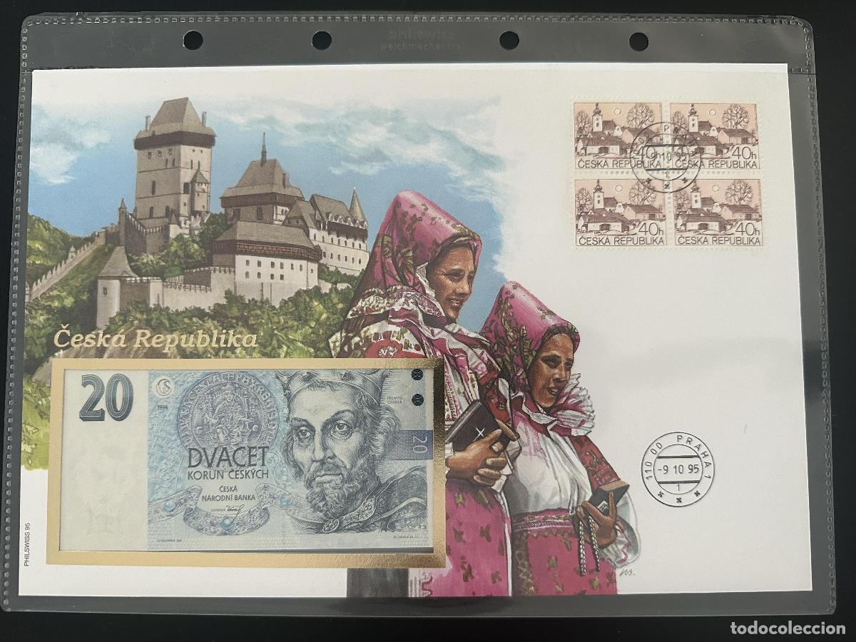 Briefmarken: Rep&uacute;blica Checa sobre numism&aacute;tico billete 20 Korun 1994 Praha
