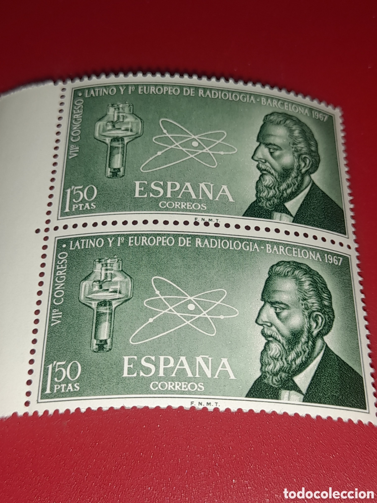 Sellos: Sello Espa&ntilde;a nuevo 1967. 7 Congreso radiologia. &Aacute;tomo. Ratos. Nobel. F&iacute;sica. Ciencia.
