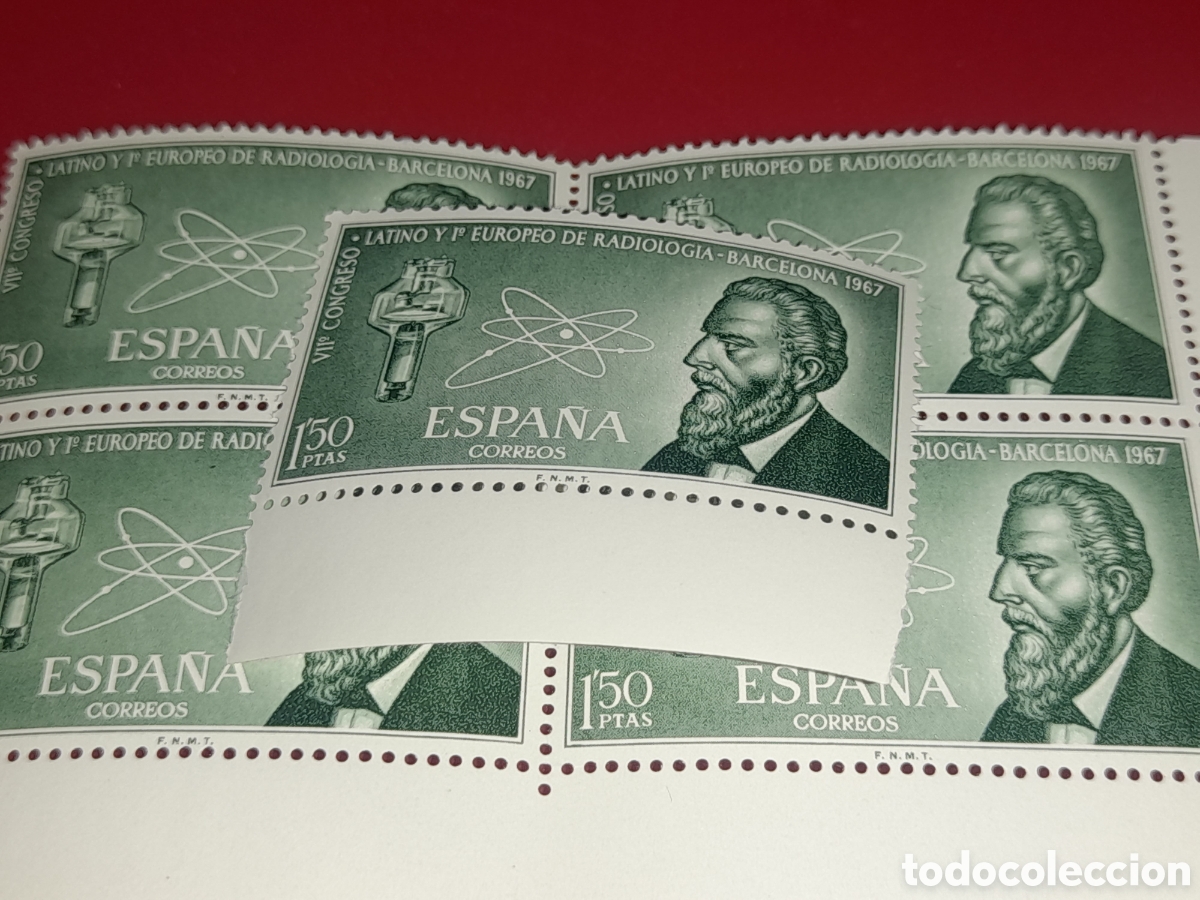 Sellos: Sello Espa&ntilde;a nuevo 1967. 7 Congreso radiologia. &Aacute;tomo. Ratos. Nobel. F&iacute;sica. Ciencia.