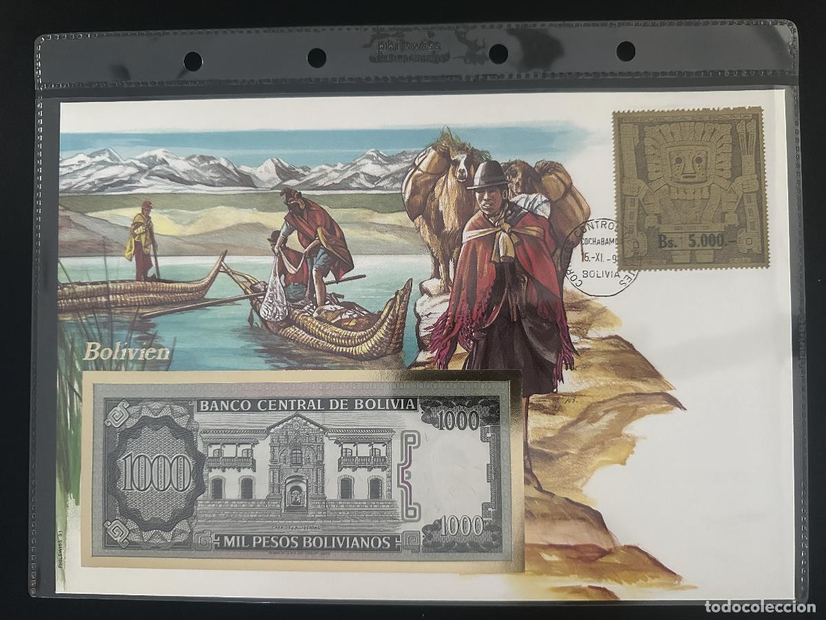 Sellos: Bolivia sobre numism&aacute;tico billete 1000 Pesos Bolivianos sello