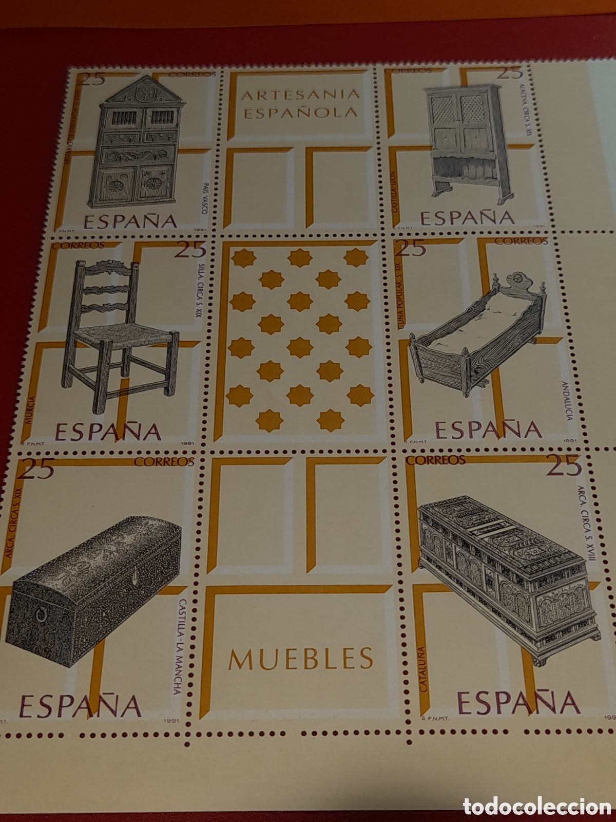 Sellos: HB Espa&ntilde;a nuevo 1991. Artesania. Madera. Carpinter&iacute;a. Arte. Muebles. Silla. Ba&uacute;l. Cu&ntilde;a. Armario.