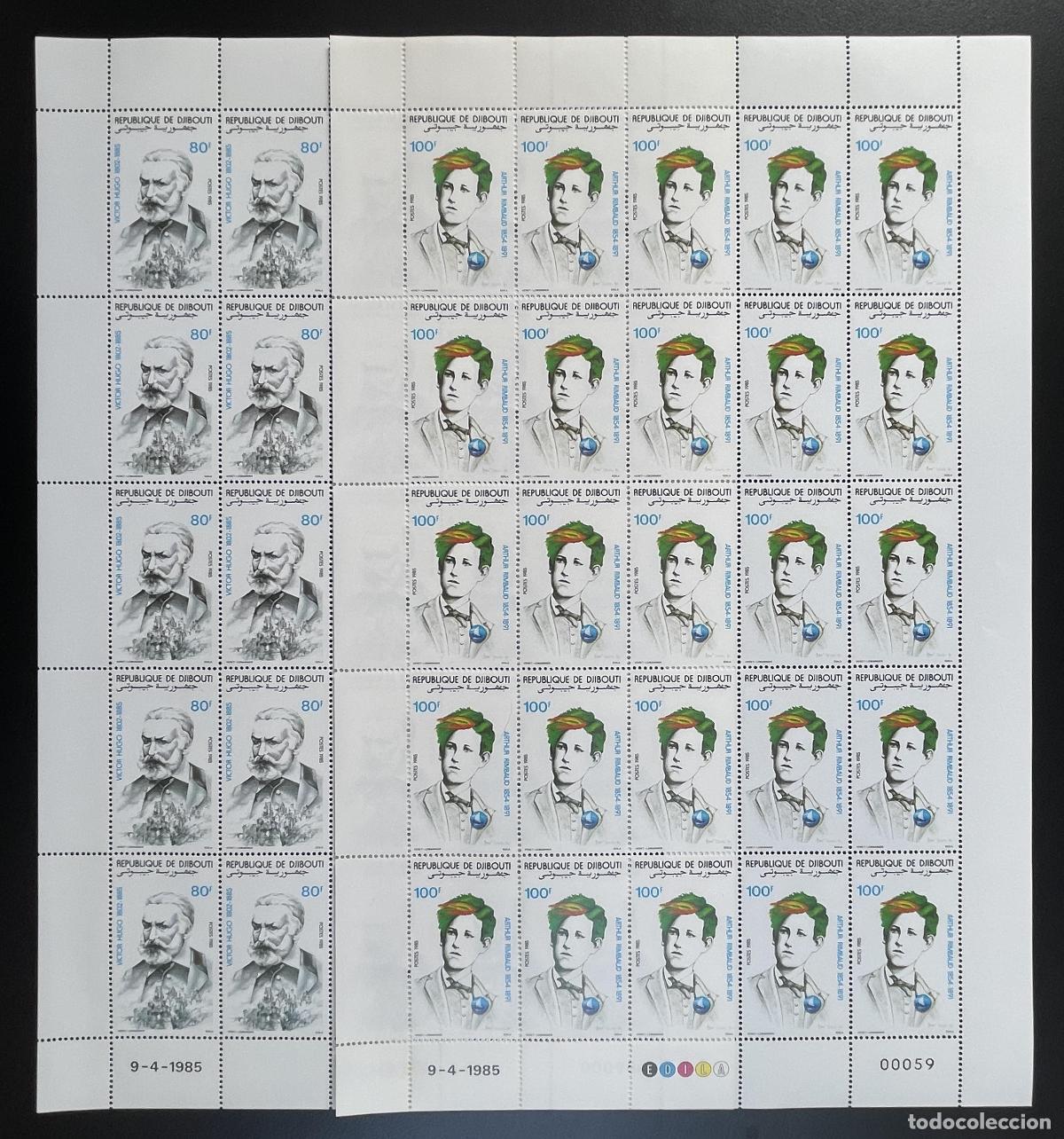 Sellos: Yibuti 1985 YT 607-608 bloque Victor Hugo Arthur Rimbaud escritores