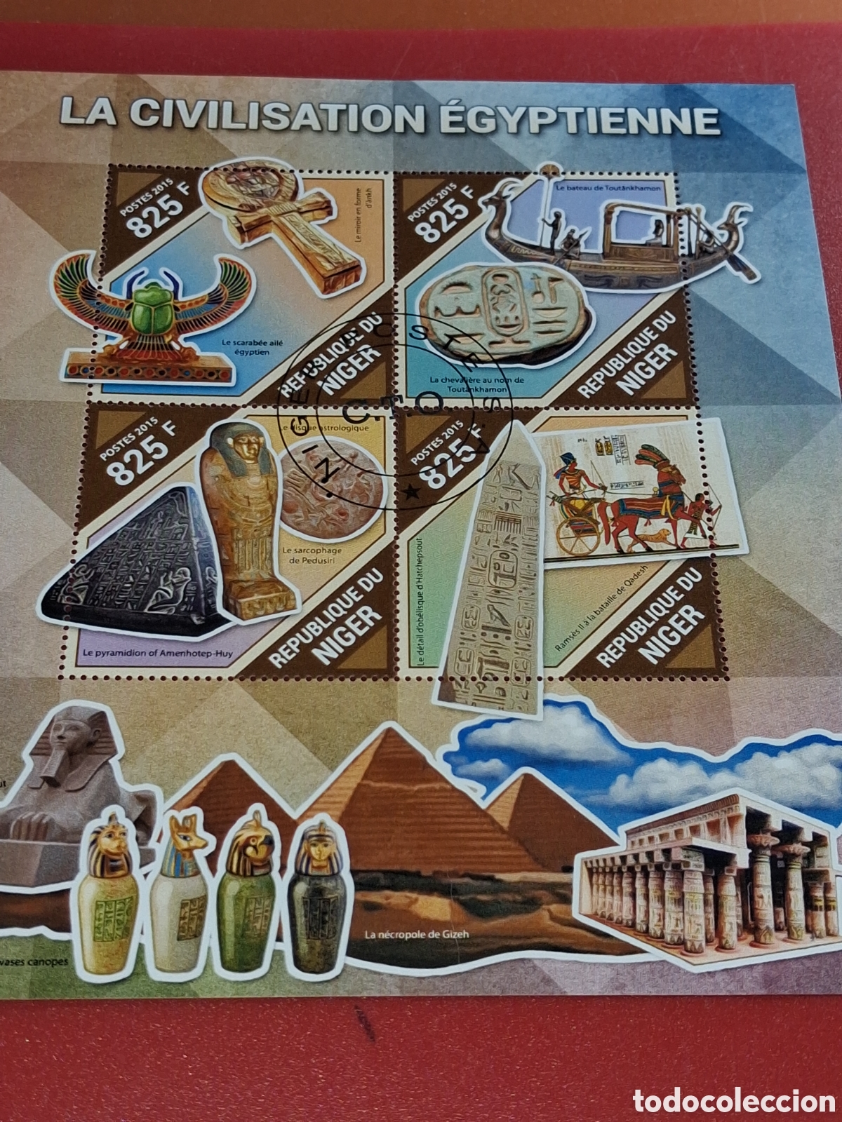 Sellos: HB N&iacute;ger mtda 2015. Civilizaci&oacute;n Egypto. Arquitectura. Arqueologia. Tumba. Escarabajo. Barco. Sarcof