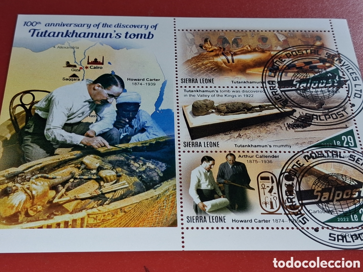 Sellos: HB Sierra Leona mtda 2022. 100Aniv descubrimiento tumba Tutankhamon. Arqueologia. Tesoros. Historia