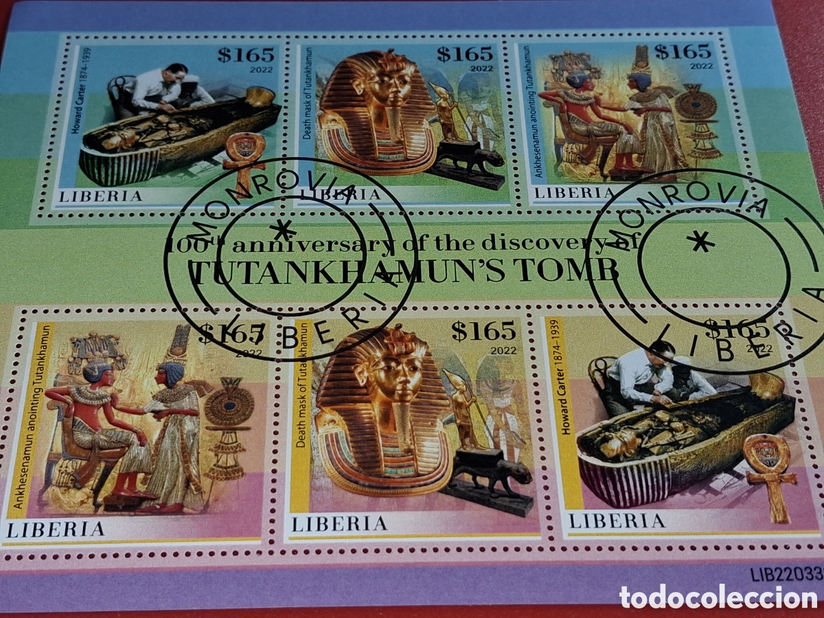Sellos: HB Liberia mtda 2022. 100Aniv descubrimiento tumba Tutankhamon. Arqueologia. Tesoros. Historia