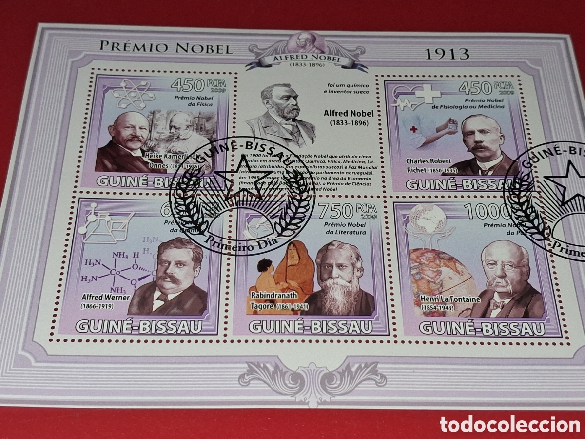 Sellos: HB Guinea-Bissau mtda 2009. Premios Nobel. Literatura, Tagore. Fisiolog&iacute;a, Richet. F&iacute;sica, Onnes. At