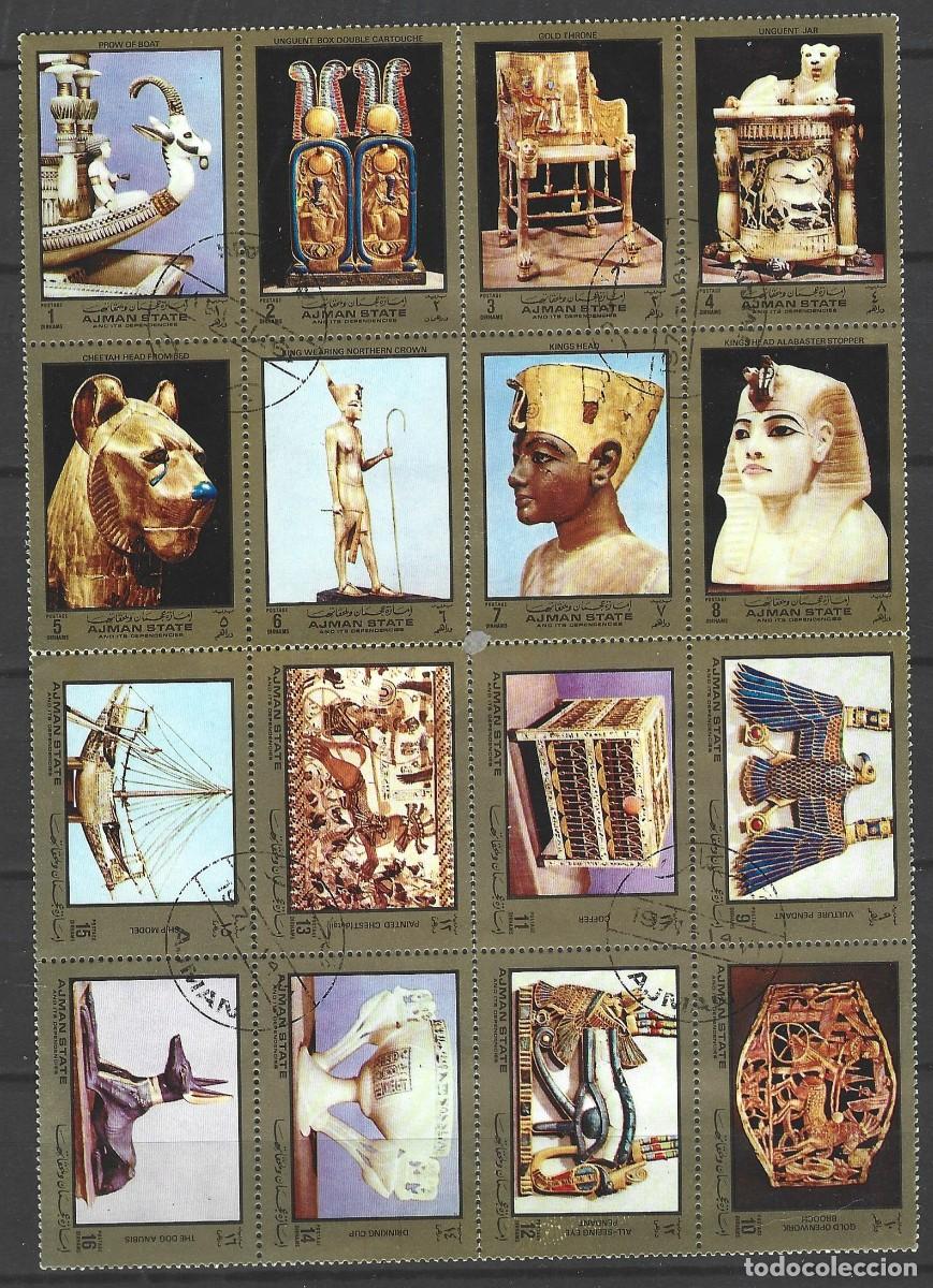 Sellos: AJMAN STATE - 16 SELLOS EN UN MINIPLIEGO DE ARTE EGIPTO - SIN BORDE PERO ESTAMPADO