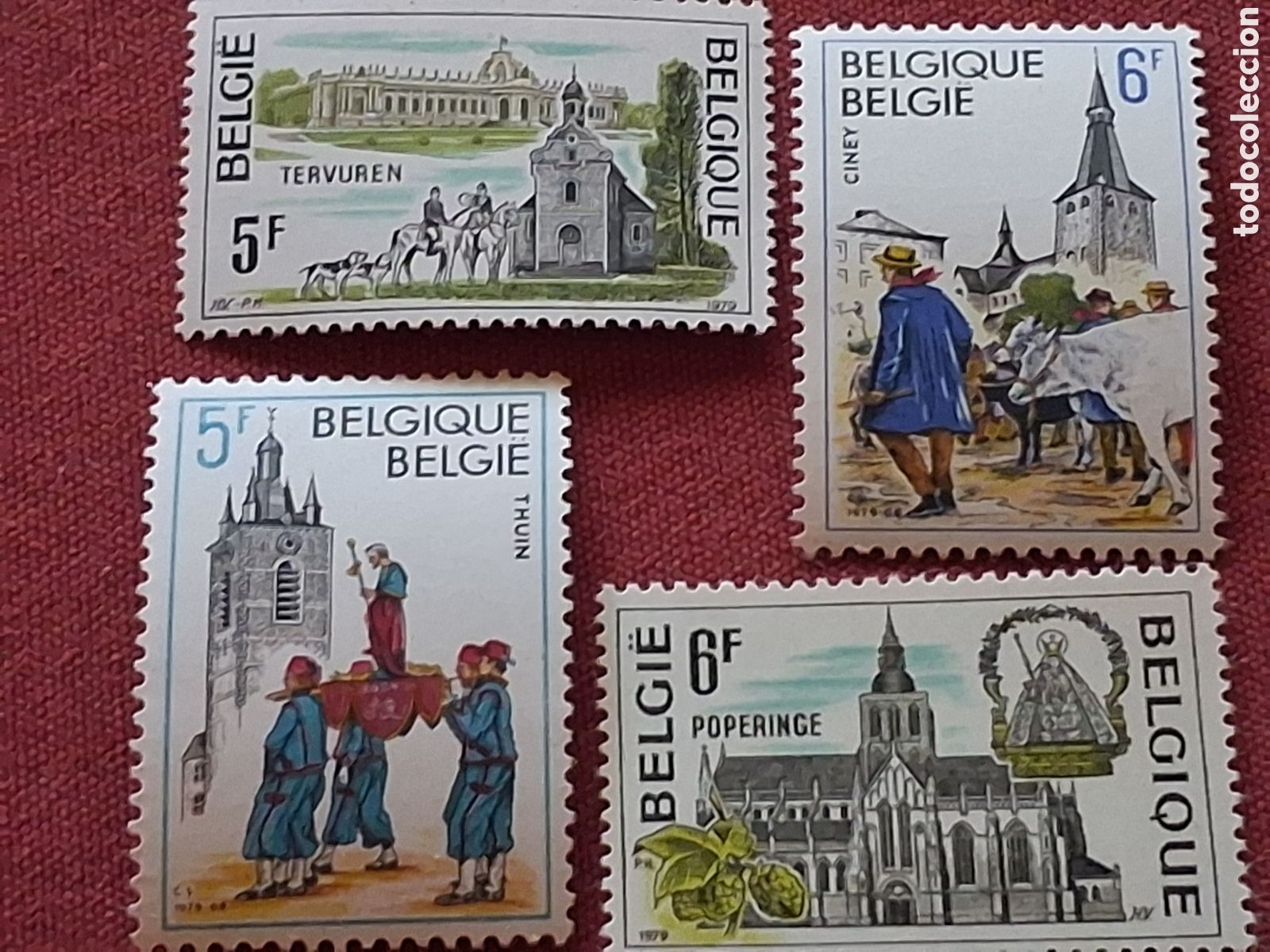 Sellos: Sello B&eacute;lgica nuevo 1979. Turismo. Catedral. Arquitectura. Toro. Iglesia. Bas&iacute;lica. Caballo. UNESCO.