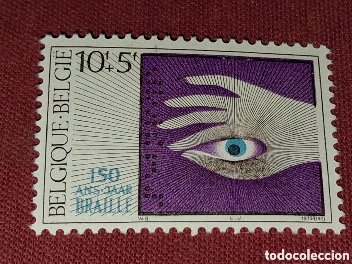 Sellos: Sello (1/4v) B&eacute;lgica nuevo 1975. Escritura braille. Ojo. Ciego. Signos. Arte. Cultura. Mano. Discapa