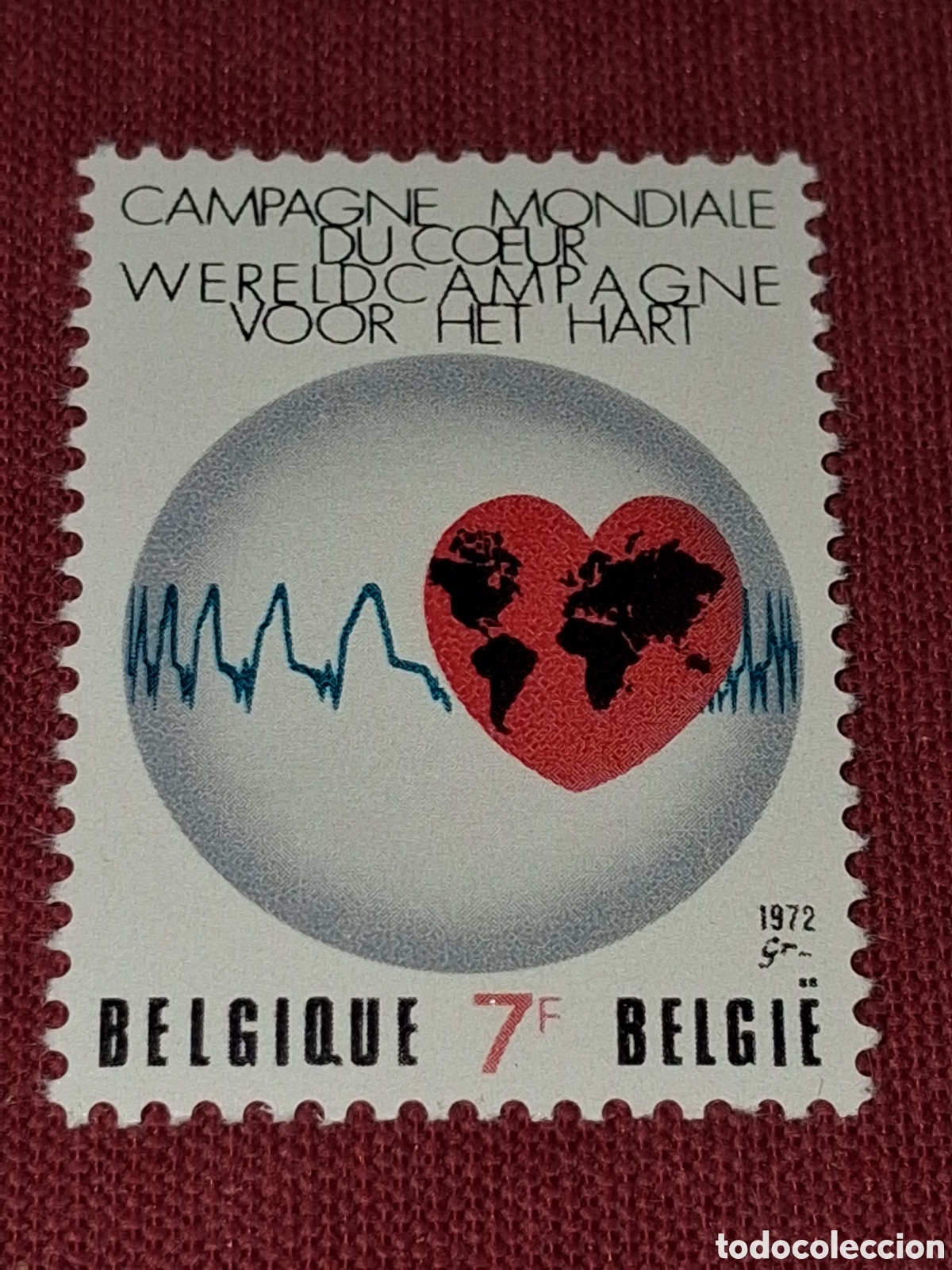 Sellos: Sello B&eacute;lgica nuevo 1972. Campa&ntilde;a mundial coraz&oacute;n. Medicina. Prevenci&oacute;n. Salud. Elecfrocardiograma.