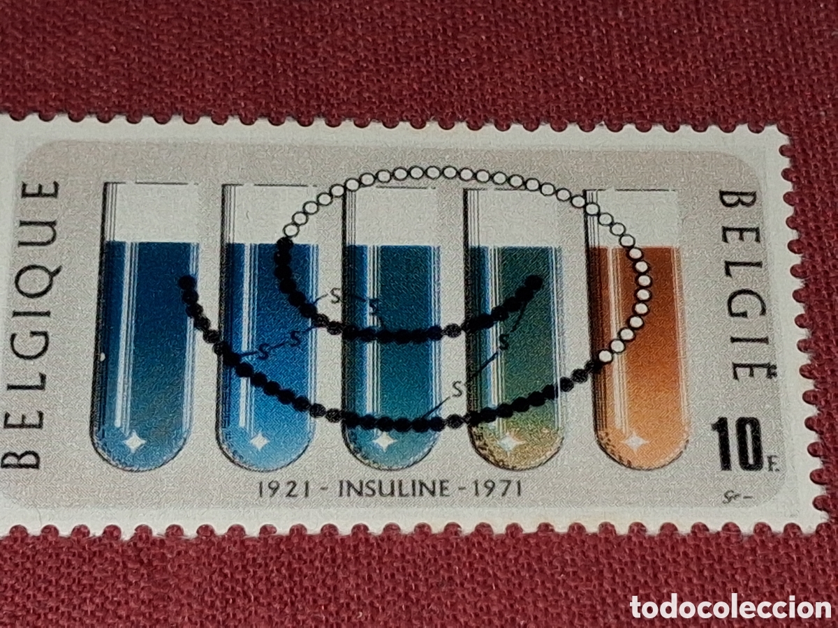 Sellos: Sello B&eacute;lgica nuevo 1971. 50Aniv desxubrimientominsulina. Medicina. Diabetes. Salud. Proteina