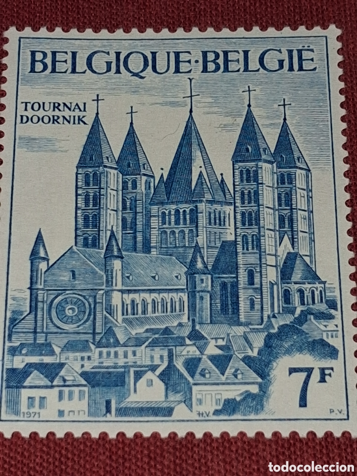 Sellos: Sello B&eacute;lgica nuevo 1971. 800Aniv Catedral Tournai. Arquitectura. Edificio. Torres. Religi&oacute;n. Arte.
