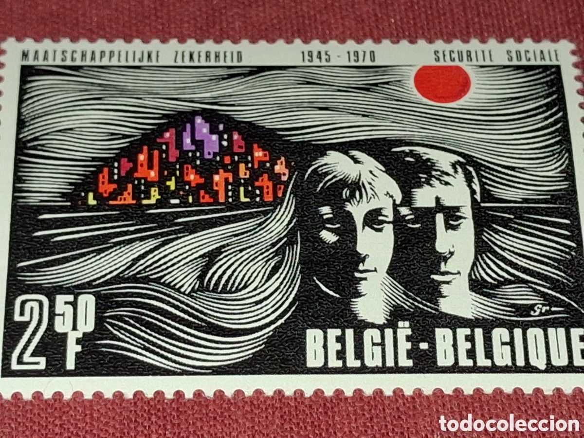Sellos: Sello B&eacute;lgica nuevo 1970. 25Aniv seguridad social. Gente. Sol. Sanidad. Salud. Medicina