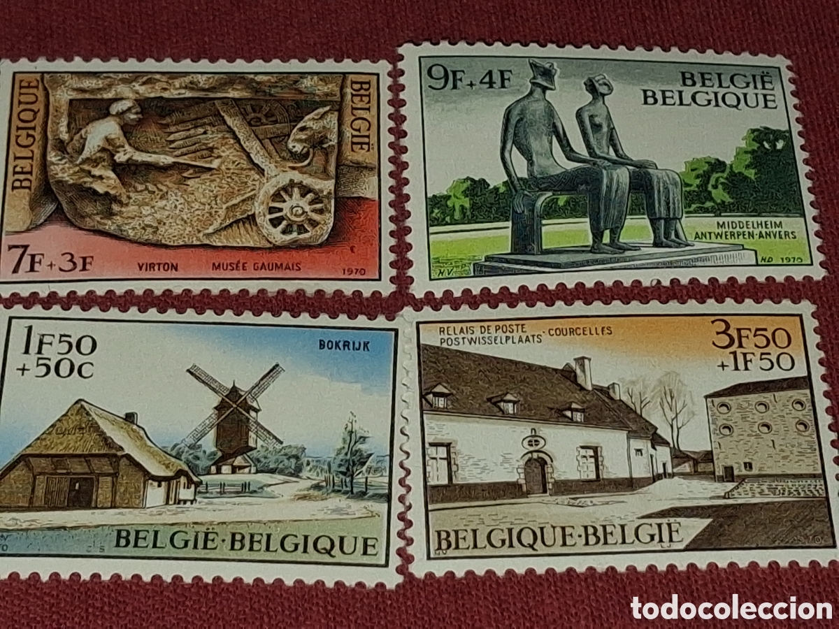 Sellos: Sello B&eacute;lgica nuevo 1970. Serie cultural. Cosechadora. Museo. Molino. Naturaleza. Esculturas. Arte