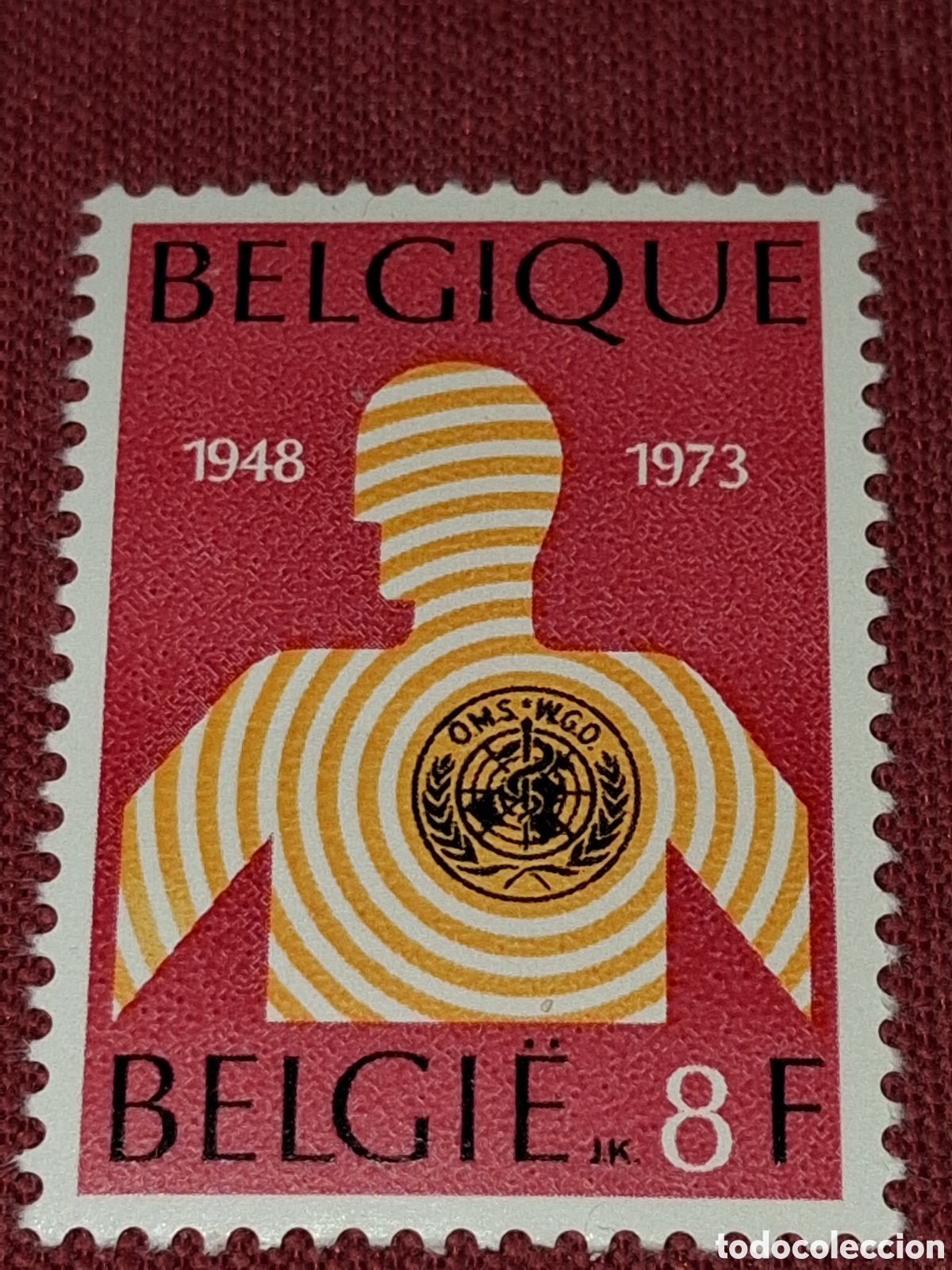 Sellos: Sello B&eacute;lgica nuevo 1973. 100Aniv Organizaci&oacute;n mundial Salud. O.M.S. Mapamundi. Hombre. Medixina
