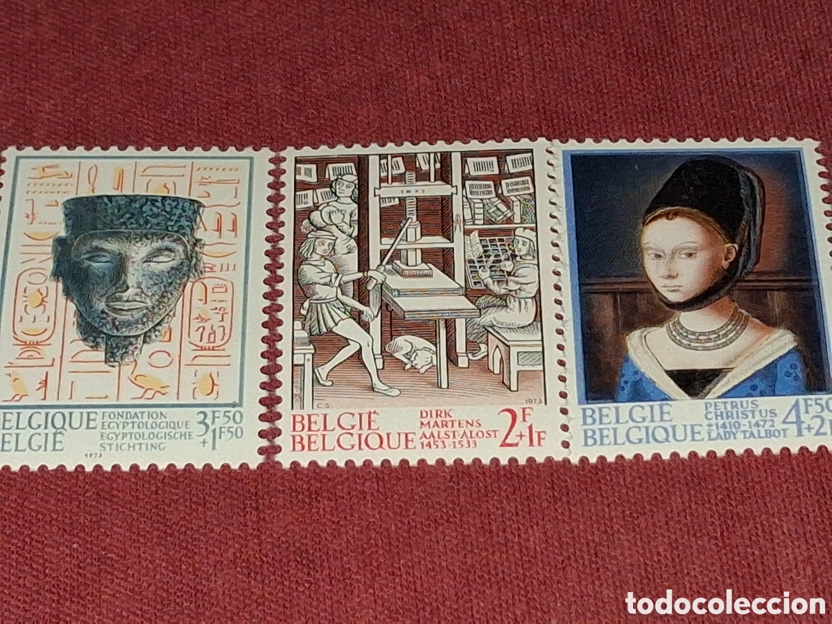 Sellos: Sello B&eacute;lgica nuevo 1973. Pintura. Lady Talbot. Imprenta. Literatura. Prensa. Busto rey Amon. Arqueo