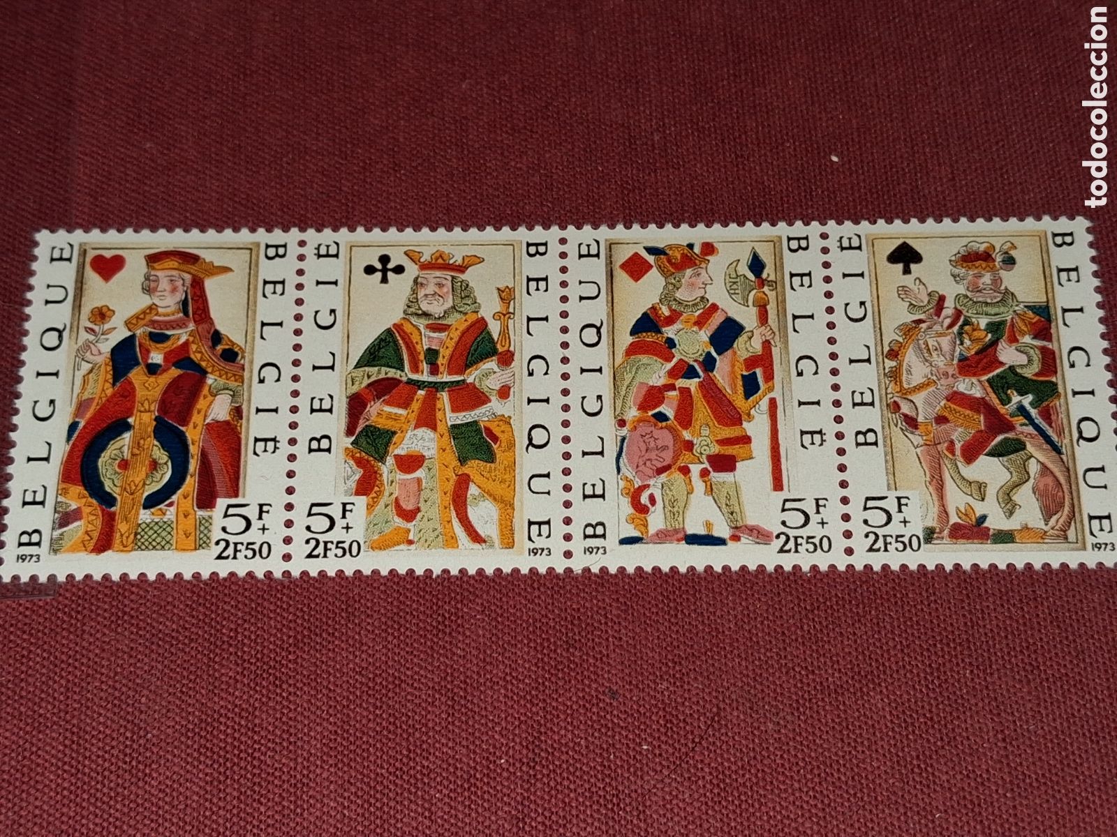 Sellos: Sello B&eacute;lgica nuevo 1973. Solidaridad. Cartas naipes antiguas. Baraja. Juego. Reyes. Reinas.