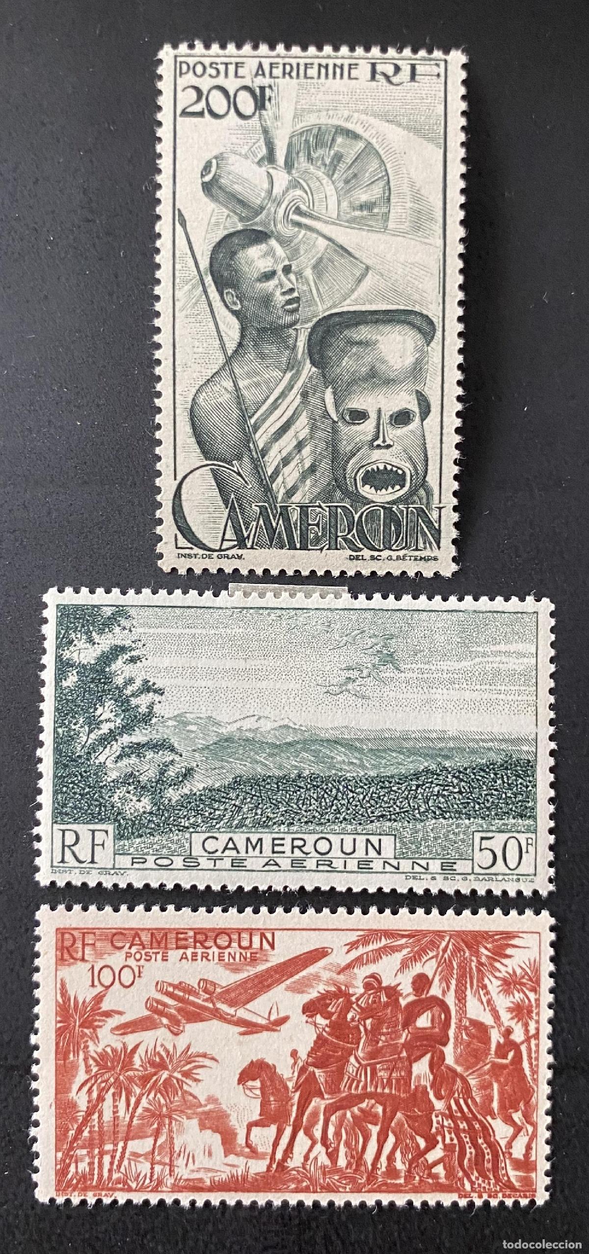 Sellos: Camer&uacute;n 1946 Mi. 296-99 correo a&eacute;reo avi&oacute;n m&aacute;scara paisaje palmeras