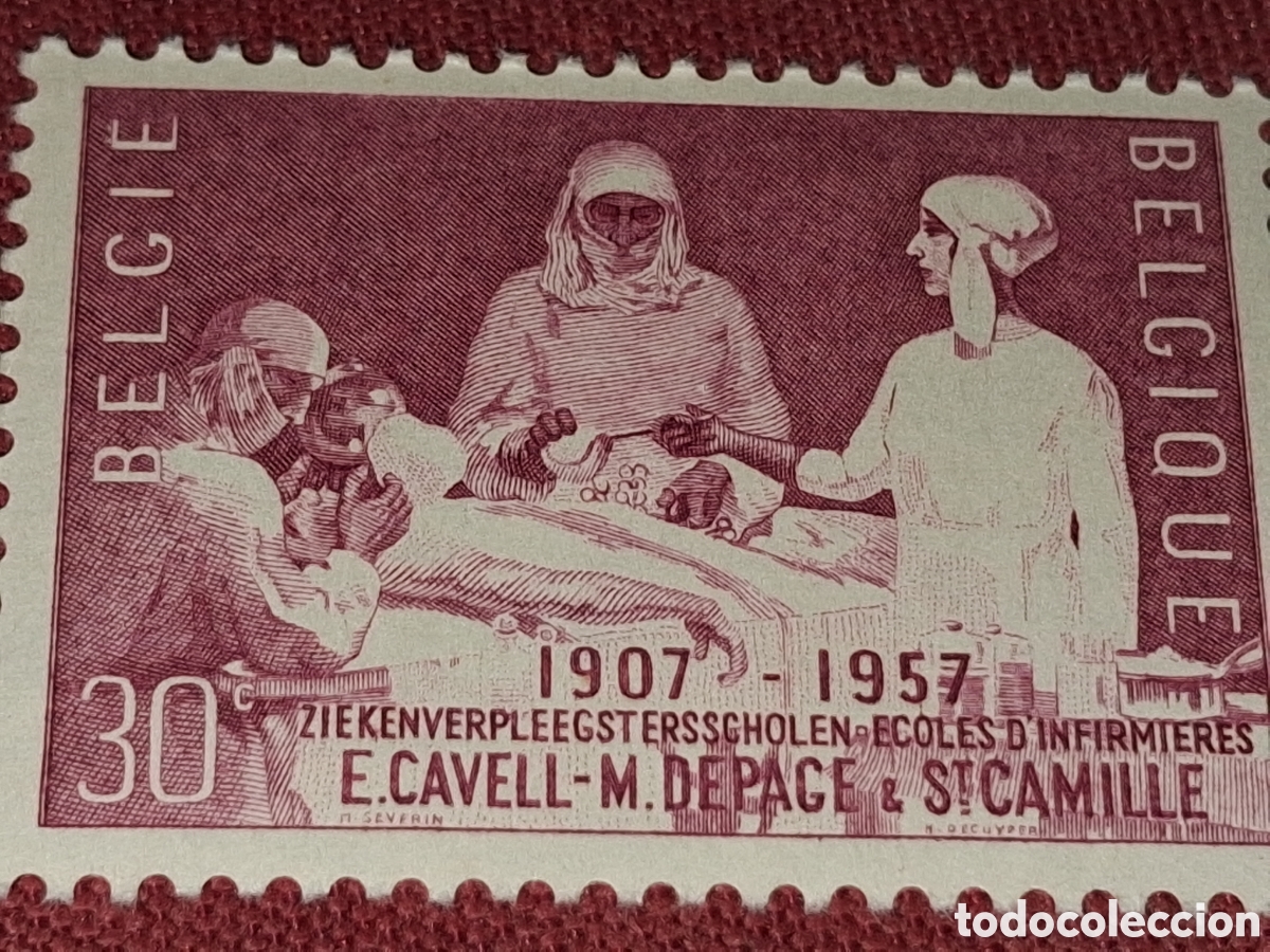 Sellos: Sello B&eacute;lgica nuevo 1957. 50Aniv escuela enfermer&iacute;a. Trabajo. Salud. Medicina. Cuidados.