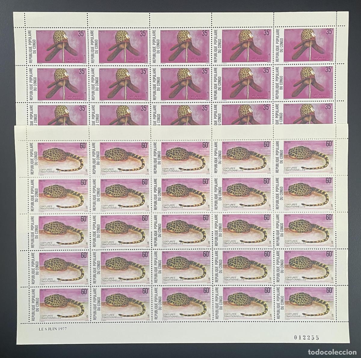 Sellos: Congo 1977 YT 453-454 tabl&oacute;n peinados tradicionales mujer cultura