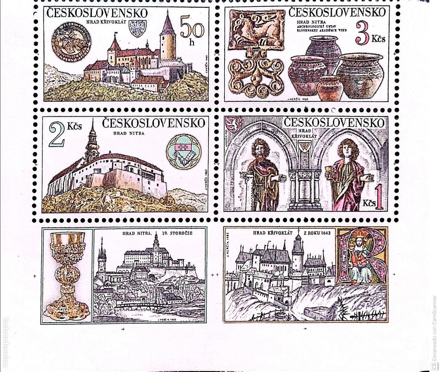 Sellos: Checoslovaquia. Sellos procedentes de la HB 55 Castillos y sus tesoros + 2 vi&ntilde;etas en la parte infe