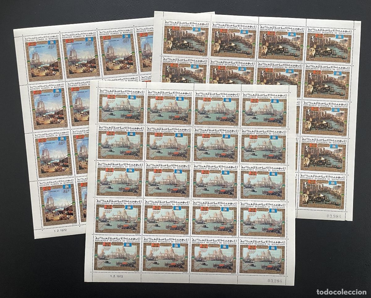 Sellos: Mauritania 1972 YT PA 120-122 bloque UNESCO Venecia pintura Canaletto