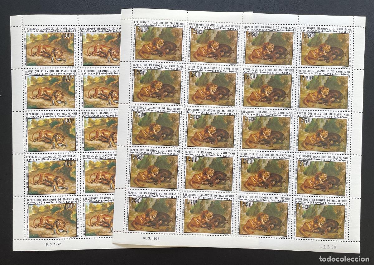 Sellos: Mauritania 1973 YT PA 133-134 bloque Delacroix pintura leones