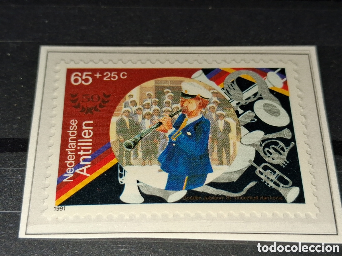 Sellos: Sello (1/3v) Antillas Holandesas nuevo 1991. Banda m&uacute;sica. Trompeta. Instrumentos. Fiesta. Folclore
