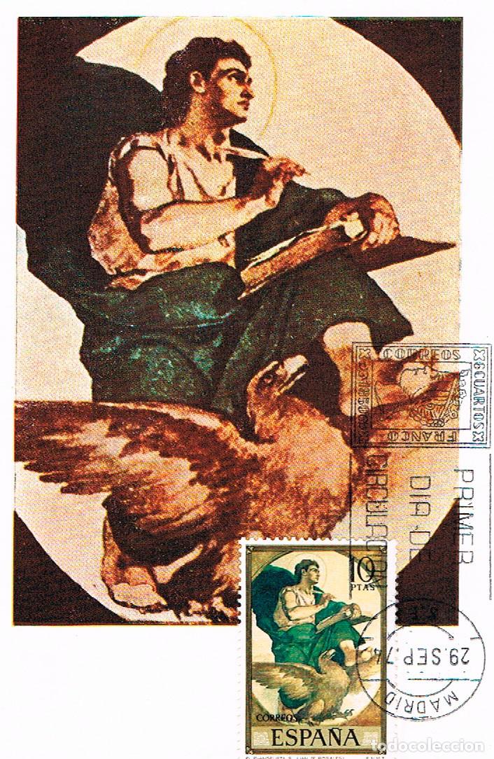Sellos: EDIFIL 2209, EDUARDO ROSALES: EL EVANGELISTA SAN JUAN, TARJETA MAXIMA DE PRIMER DIA DE 29-9-1974