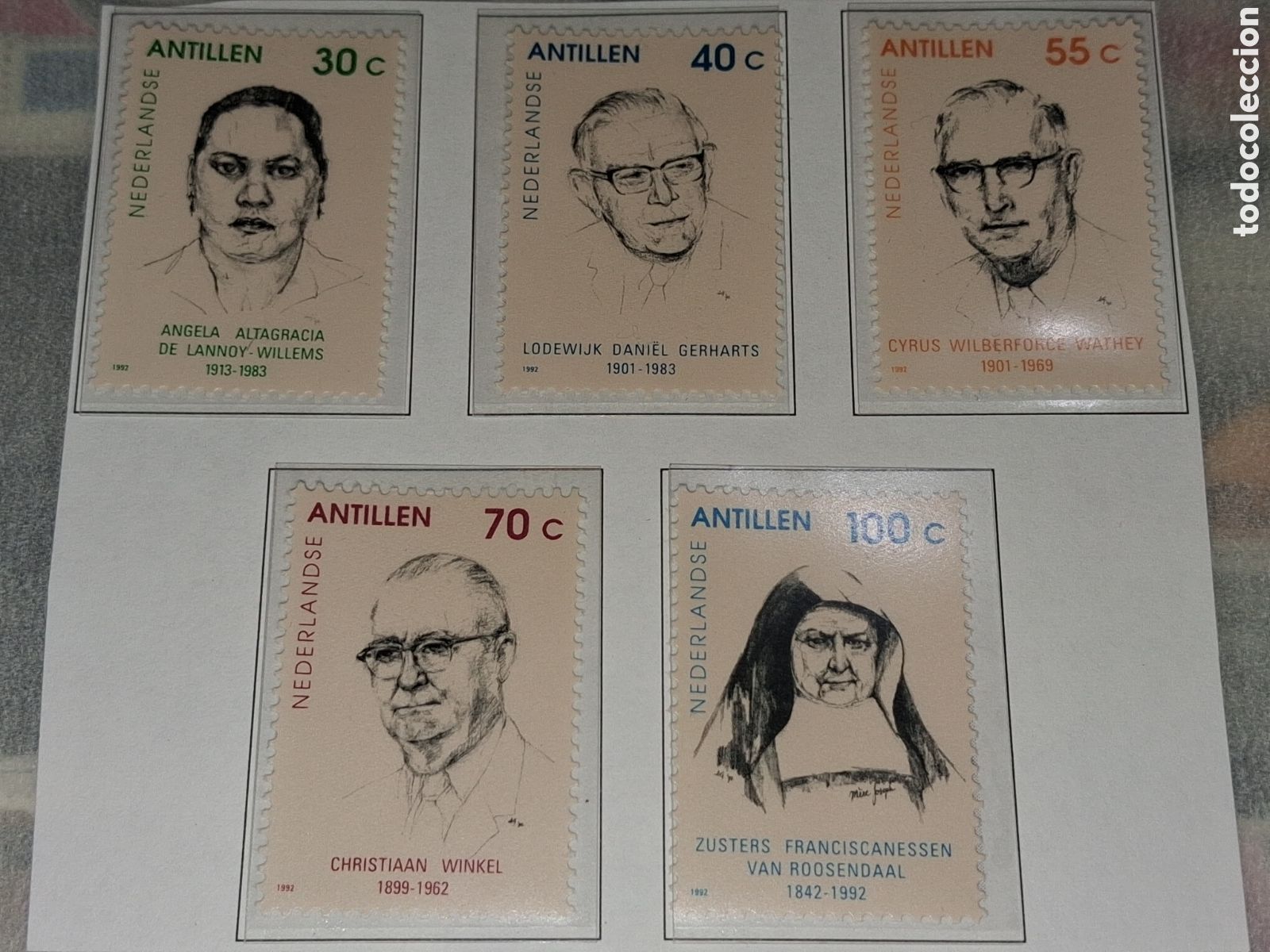 Sellos: Sello Antillas Holandesas nuevo 1992. Personajes. Altagracia, politico. Winkel, &oacute;ptico. Monja franci