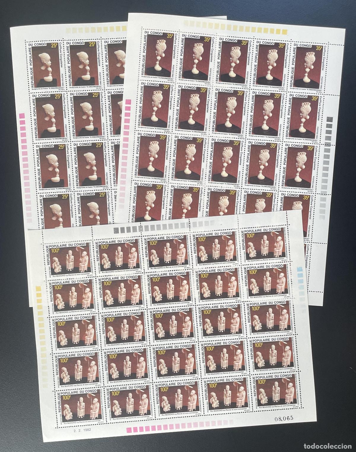 Sellos: Congo 1982 Yt 660-662 tabl&oacute;n esculturas marfil Eugongodzo arte tradicional