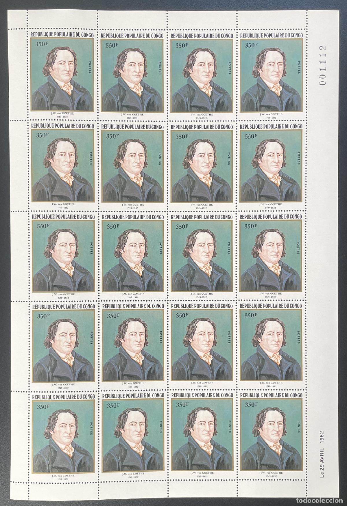 Sellos: Congo 1982 YT 669 tabl&oacute;n Goethe escritor alem&aacute;n literatura poeta