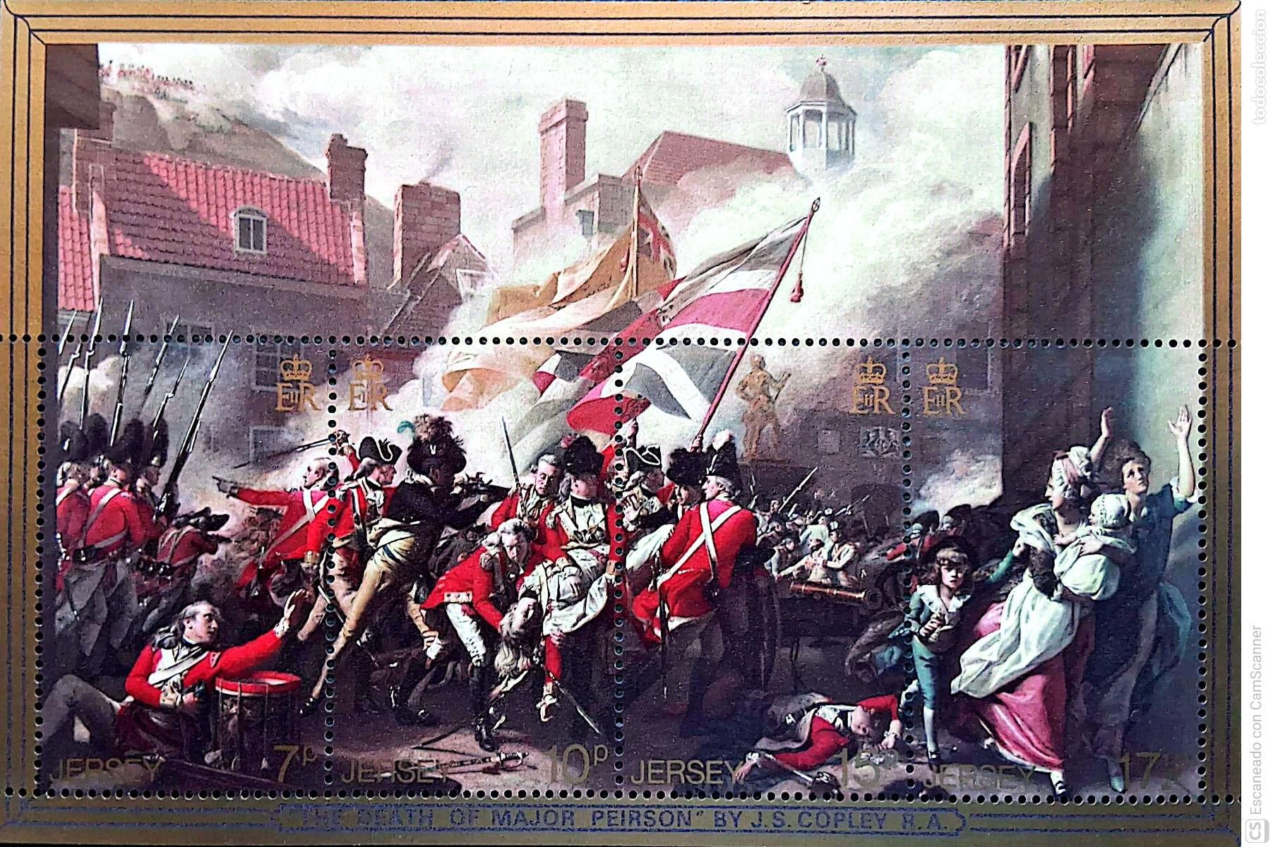 Sellos: Jersey. HB 2 Bicentenario de la batalla de Jersey: Cuadro de J.S. Copley. 1981. Sellos nuevos y num