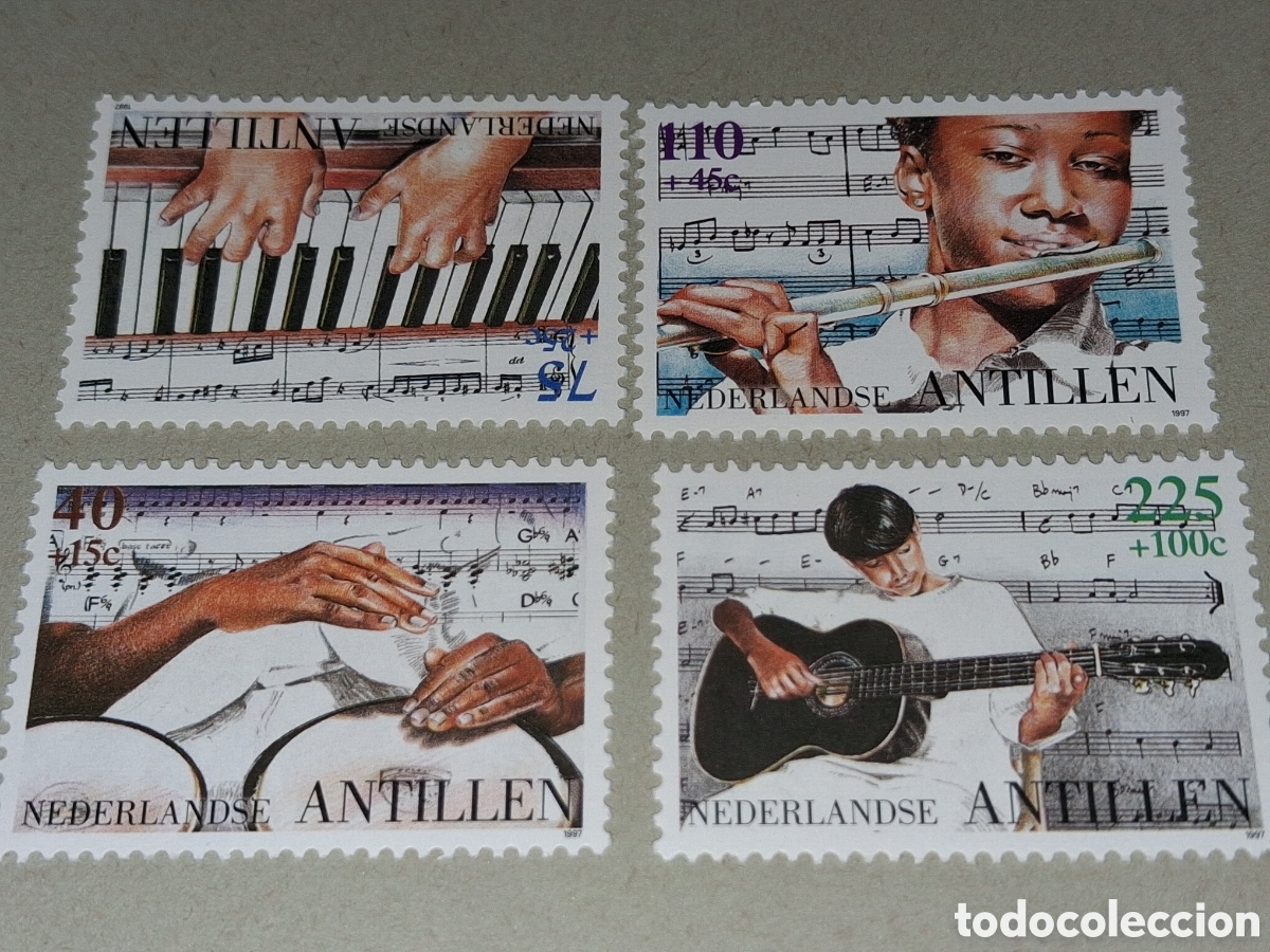 Sellos: Dello Antillas Holandesas nuevo 1997. Pro infancia. M&uacute;sica. Instrumentos. Arte. Cultura. Piano. Flau