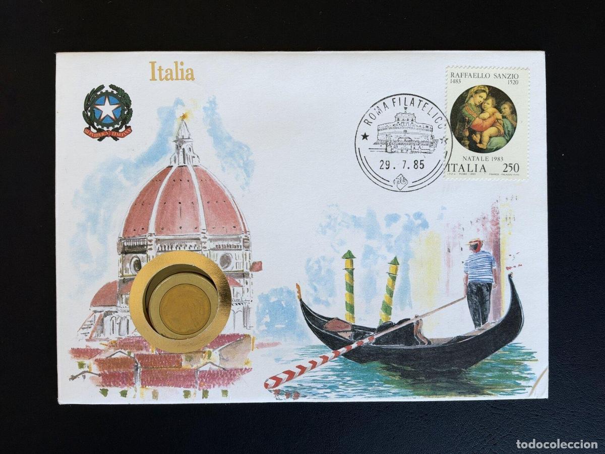 Sellos: Sobre numism&aacute;tico Italia Raffaello Sanzio Navidad 1983 Roma 1985