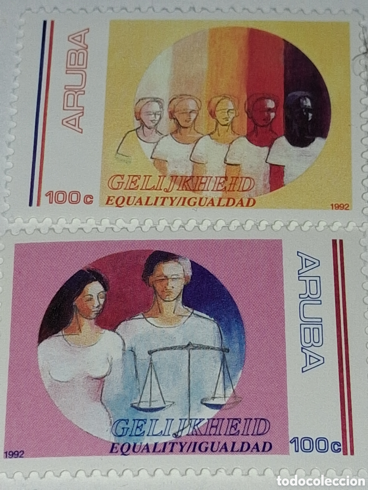 Sellos: Sello Aruba nuevo 1992. Igualdad racial. Gente. Familia. Colores. Razas. Balanza.