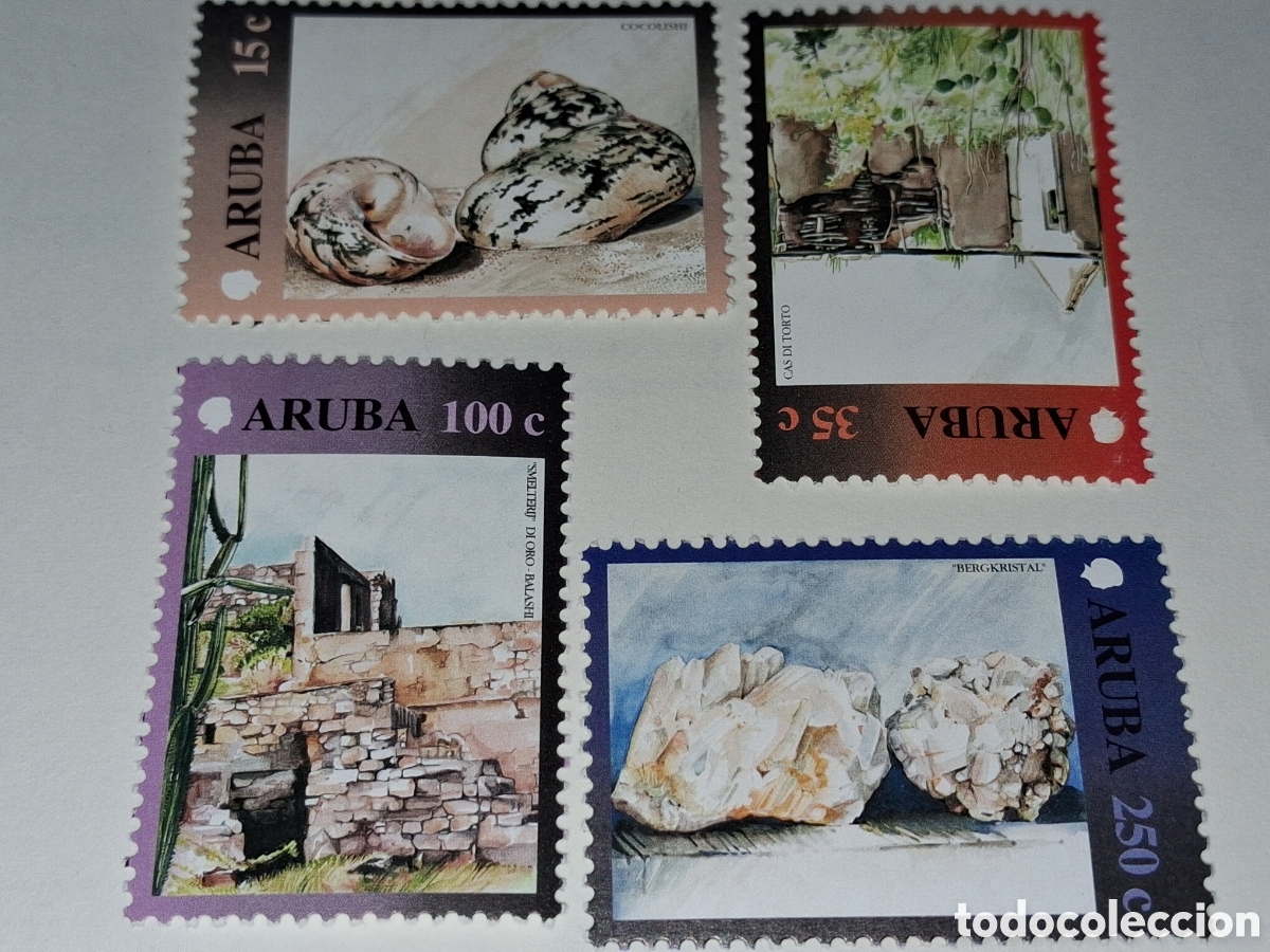 Sellos: Sello Aruba nuevo 2001. Turismo. Ruinas. Fundici&oacute;n oro. Casa rual. Campo. Roca. Cristal. Caracola. M