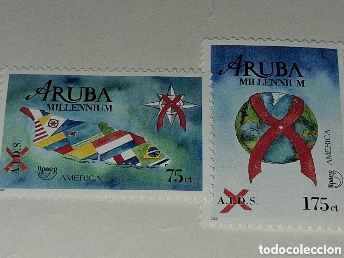 Sellos: Sello Aruba nuevo 2000. Emisi&oacute;n. Am&eacute;rica UPAEP. Lucha contra SIDA. Medicina. Lazo. Banderas. Globo t