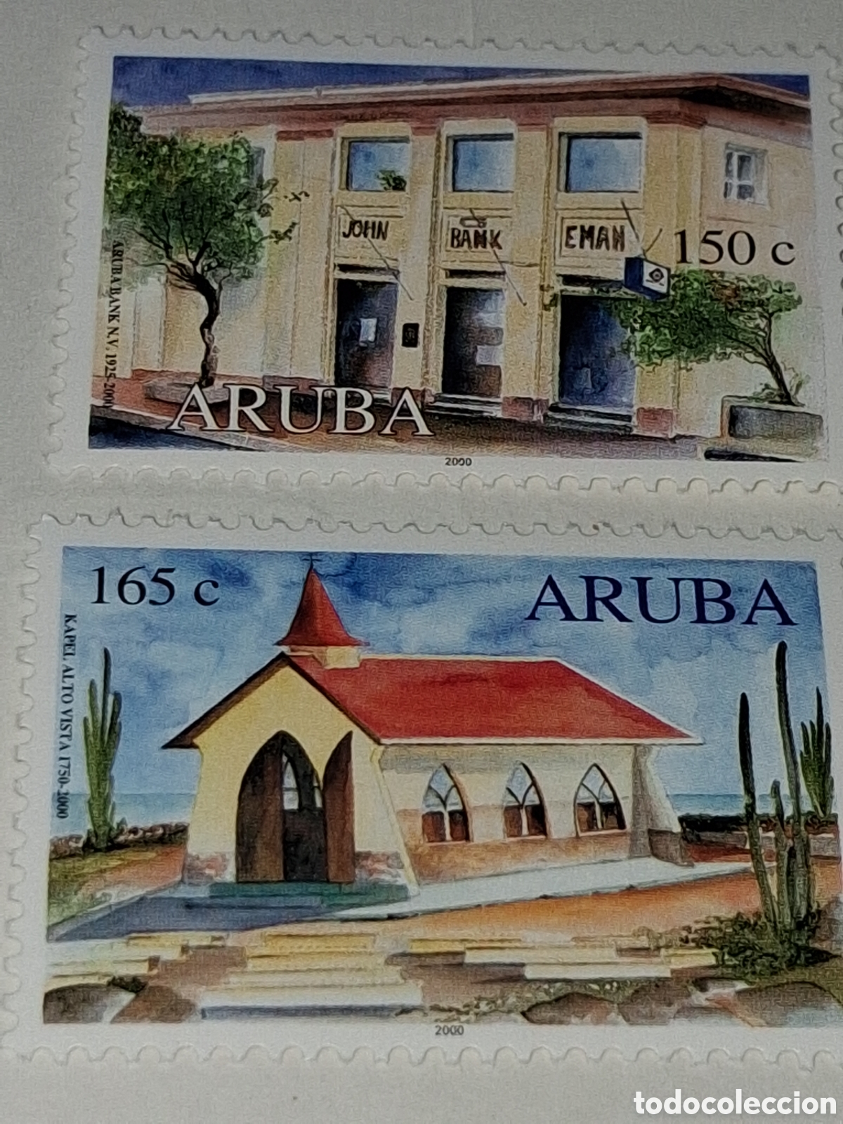 Sellos: Sello Aruba nuevo 2000. 75Aniv banco Aruba. Edificio. Arquitectura. &Aacute;rbol. Jard&iacute;n. Arte. Historia