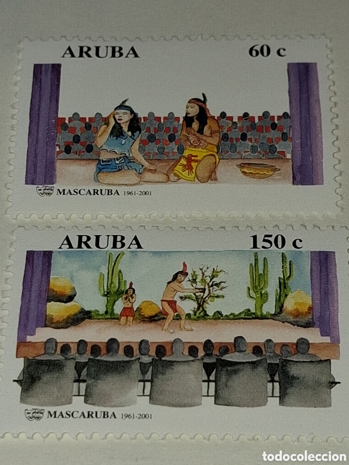 Sellos: Sello Aruba nuevo 2001. 40Aniv teatro Mascaruba. Arte. Folclore. Danza. Disfraz. Traje. Cultura.